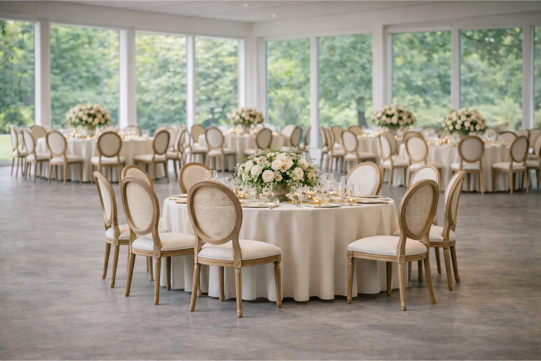 Louis Stühle mit runden Banketttischen und bodenlangen Tischdecken für Hochzeit und Event kaufen