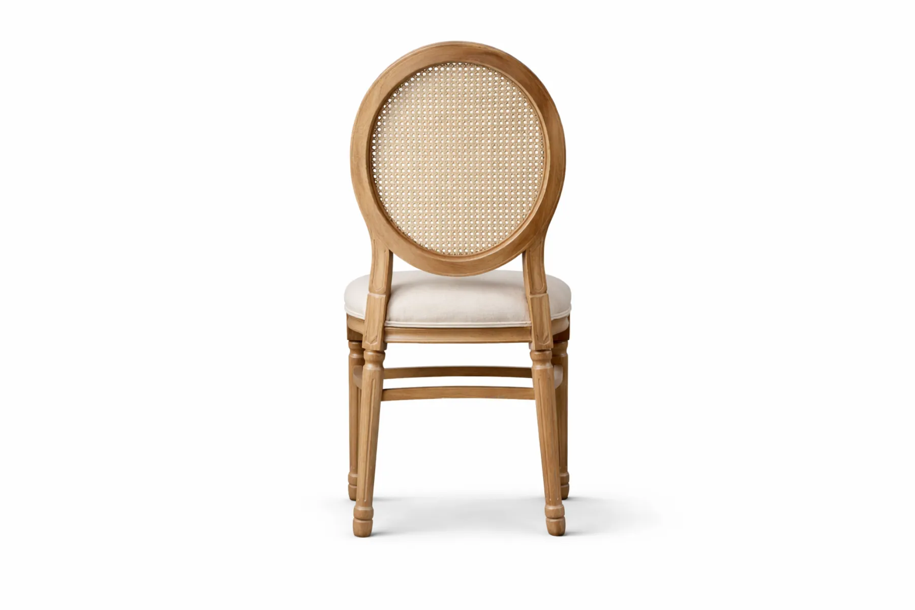 Rückansicht Louis Stuhl braun aus Holz mit weißem Sitzpolster kaufen für Gastronomie und Events